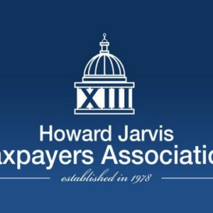 Howard Jarvis Taxpayers Association logo with a white dome emblem on a blue gradient background.