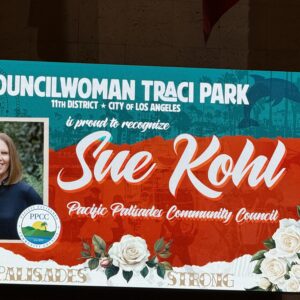 Campaign poster for Councilwoman Traci Park, 11th District, City of Los Angeles, with a photo of a woman and floral border.